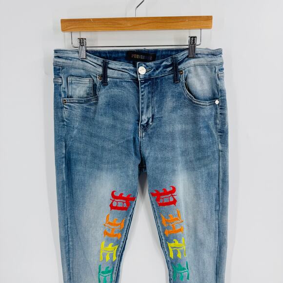 Pheelings Jeans Men’s 34 Blue Denim Skinny Fit Rainbow Gothic Logo Embroidered - Picture 6 of 12